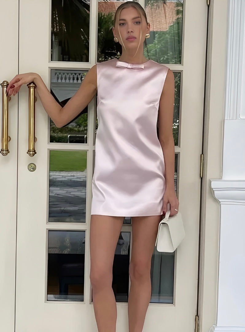 Feminine Bow Satin Mini Dress