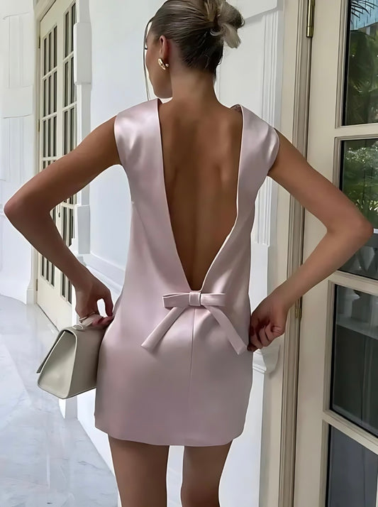 Feminine Bow Satin Mini Dress