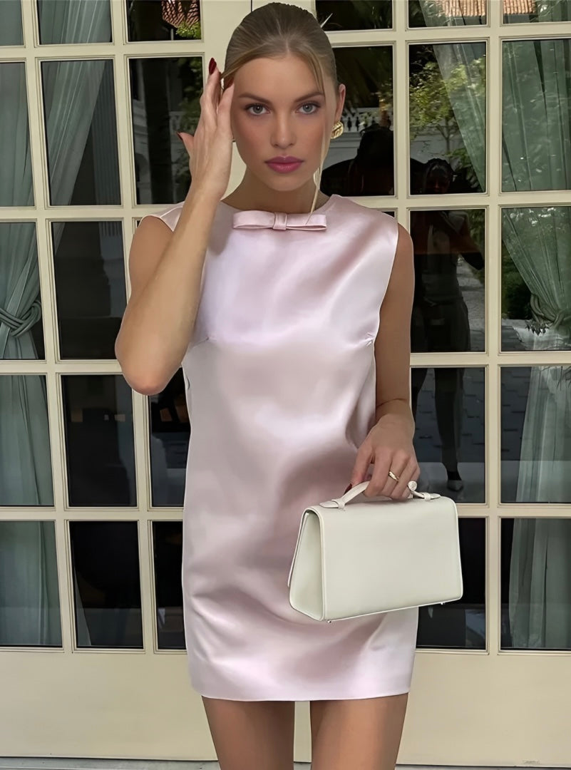 Feminine Bow Satin Mini Dress